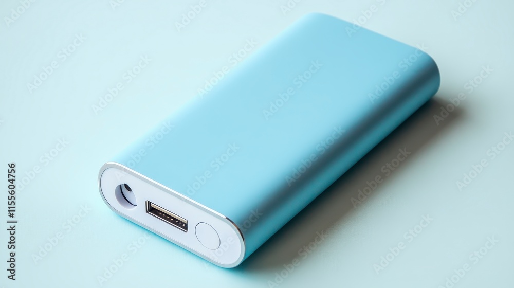 Light blue portable power bank charger on a light blue background. Light blue portable power bank charger on a light blue background.