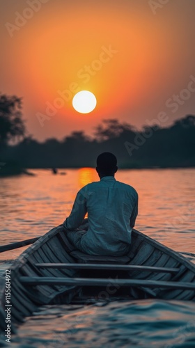 Sunset kayak experience on tranquil water with vibrant orange hues in the bac...