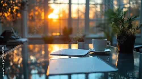 Business meeting setup with city skyline at sunset in a modern office environ...
