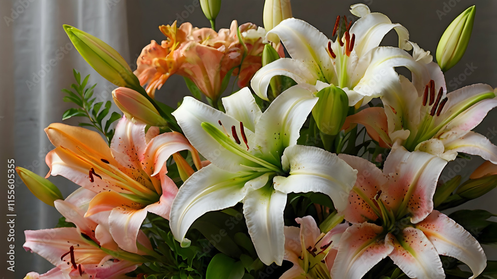 Obraz premium A Stunning Bouquet of Peach and White Lilies: A Close-Up View of Elegant Flowers