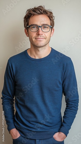Confident man in navy sweater poses for portrait with relaxed expression in n...