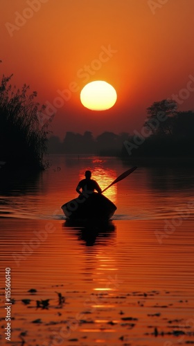 Sunset kayak experience on tranquil water with vibrant orange hues in the bac...
