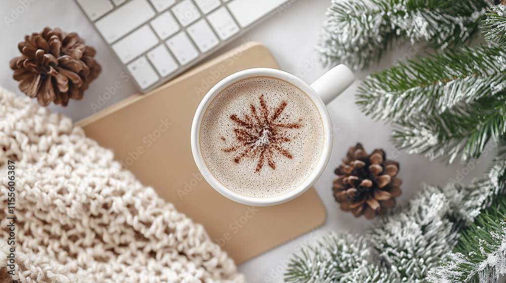 A cup of coffee sits next to a cup of coffee and a Christmas decoration, Drink in a cup with a marshmallow Christmas background with holiday decoration, a Top view snowed table hot coco white A cup of coffee sits next to a cup of coffee and a Christmas decoration, Drink in a cup with a marshmallow Christmas background with holiday decoration, a Top view snowed table hot coco white