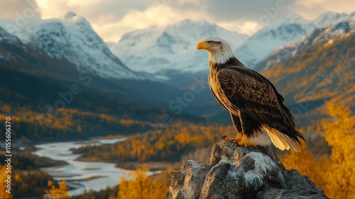 Majestic bald eagle perched on a rock with wings spread wide in a mountainous...