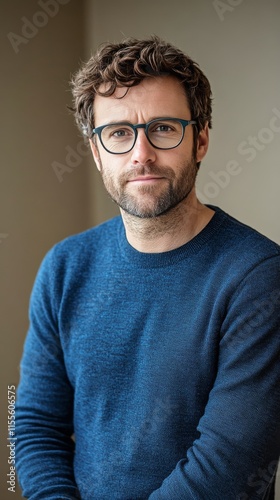 Confident man in navy sweater poses for portrait with relaxed expression in n...