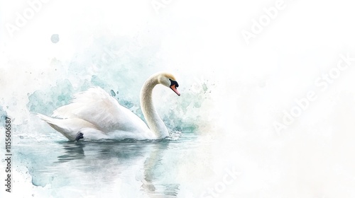 Fototapeta Naklejka Na Ścianę i Meble -  Elegant white swan gracefully swimming on calm water, watercolor style.