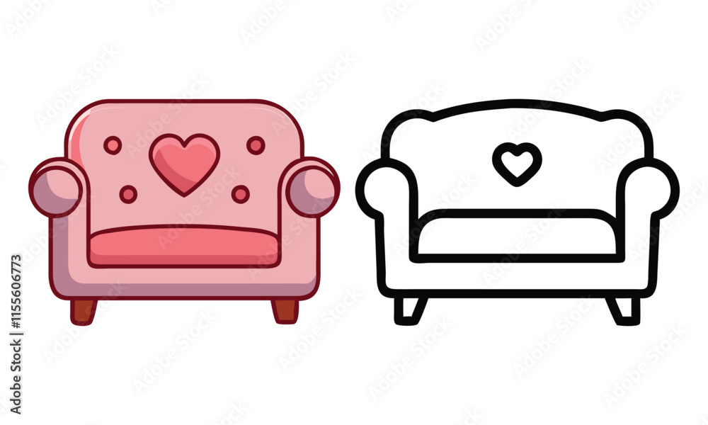 Heart-Themed Armchair Icons in Color and Outline, A pair of armchair icons featuring heart-themed designs in colorful and outline styles, perfect for romantic, decor, or furniture concepts.  
