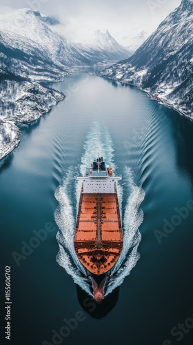 Cargo ship navigating through calm waters at sunset near coastal mountains