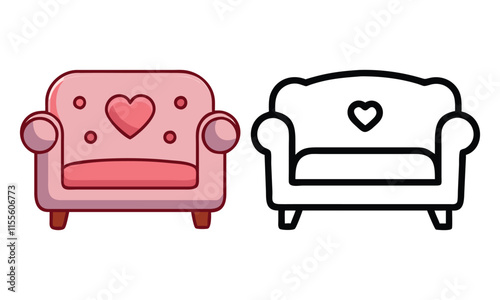 Heart-Themed Armchair Icons in Color and Outline, A pair of armchair icons featuring heart-themed designs in colorful and outline styles, perfect for romantic, decor, or furniture concepts. 