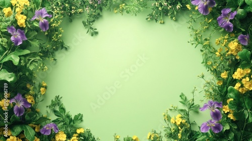 Wallpaper Mural Floral frame with purple irises and yellow flowers on green background. Torontodigital.ca