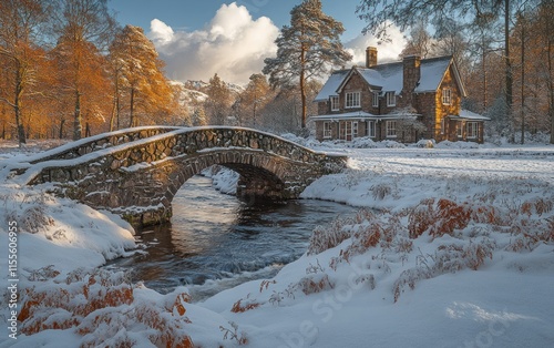A charming stone bridge leads to a cottage, crossing a brook amid a peaceful winter scene with snow-covered trees