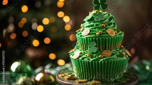 : A green cupcake tower adorned with gold coins and shamrocks.