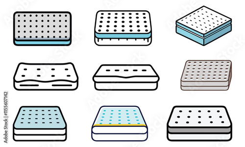 Mattress Icon Collection with Various Designs, A collection of nine mattress vector icons featuring diverse styles, layers, and patterns, ideal for bedding, sleep, and furniture projects.  
