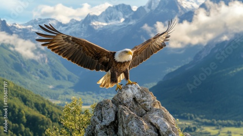 Majestic bald eagle perched on a rock with wings spread wide in a mountainous landscape photo