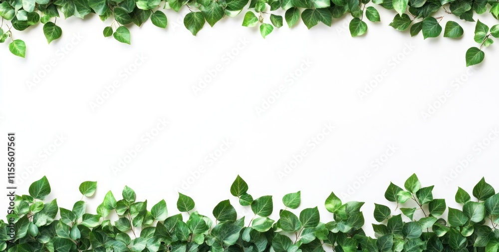 Lush green leaves frame a white background, ideal for text or design. Lush green leaves frame a white background, ideal for text or design.