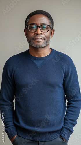 Confident man in navy sweater poses for portrait with relaxed expression in n...