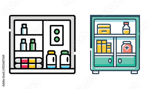 Medicine Cabinet Icon Set with Shelves, A set of two medicine cabinet vector icons featuring shelves stocked with bottles and supplies, perfect for healthcare and organization visuals.  
