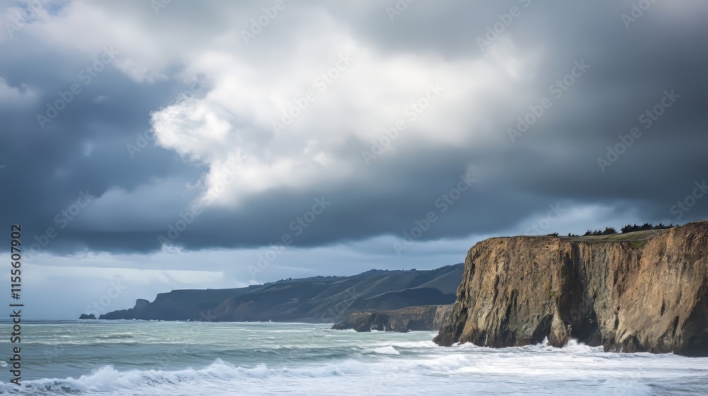 Fototapeta premium Dramatic seascape with cliffs under moody clouds at the coastline.