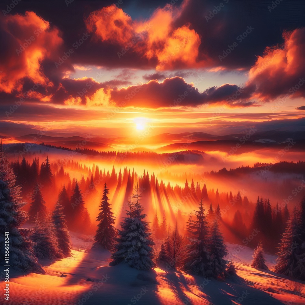 Fototapeta premium Winter Sunset A sunset casting a warm glow over a snowy landscap