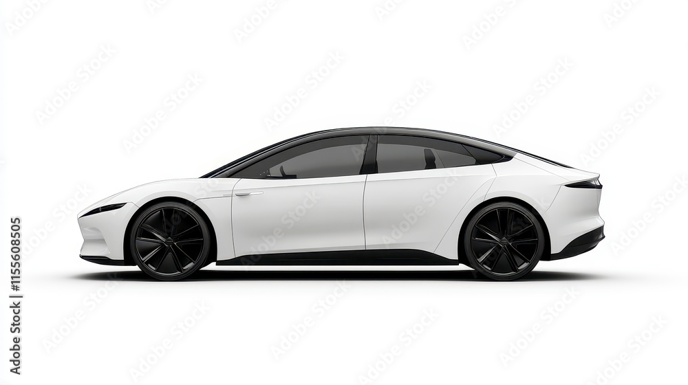 Sleek white electric car, side profile view on white background. (1) Sleek white electric car, side profile view on white background. (1)
