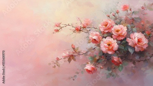 A delicate watercolor painting of a blossoming rose bush, showcasing vibrant pink roses and soft pastel hues.