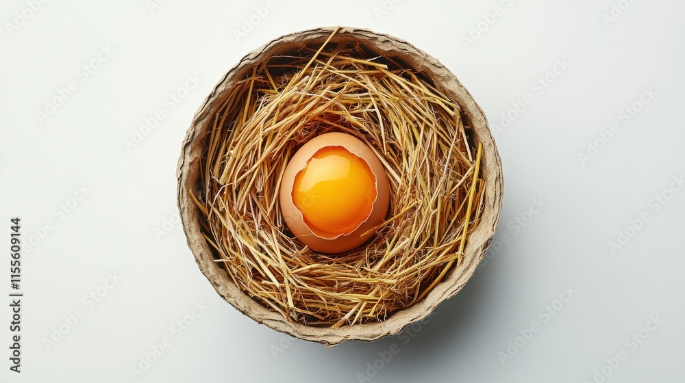 Cracked egg yolk in hay nest. Cracked egg yolk in hay nest.