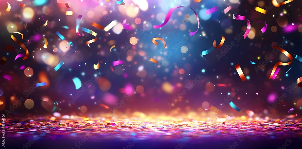 Colorful confetti and ribbons falling on a blurred background Colorful confetti and ribbons falling on a blurred background