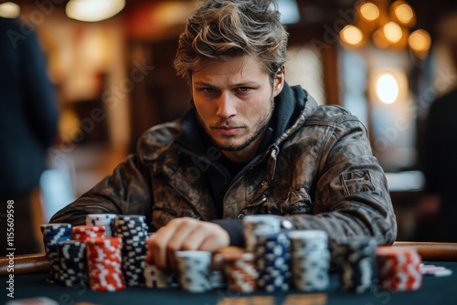Young man focused on poker game in a vibrant casino setting at night