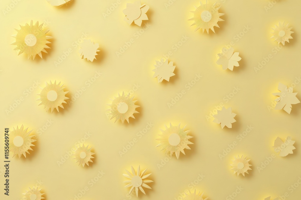 Fototapeta premium Abstract pastel yellow sun and flower shapes pattern background.