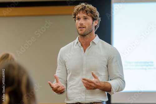 Engaging presentation in a modern conference room with an attentive audience ...