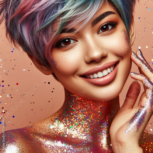 Woman with short brightly colored hair playful glitter applicati photo