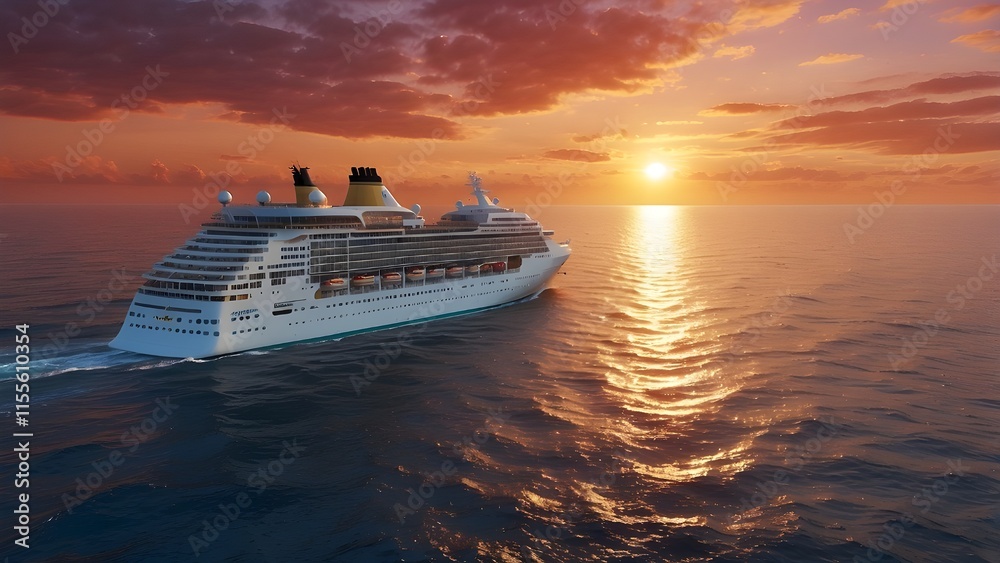 Majestic Cruise Liner Traveling the Open Seas with Vibrant Sunset Backdrop : Generative Majestic Cruise Liner Traveling the Open Seas with Vibrant Sunset Backdrop : Generative