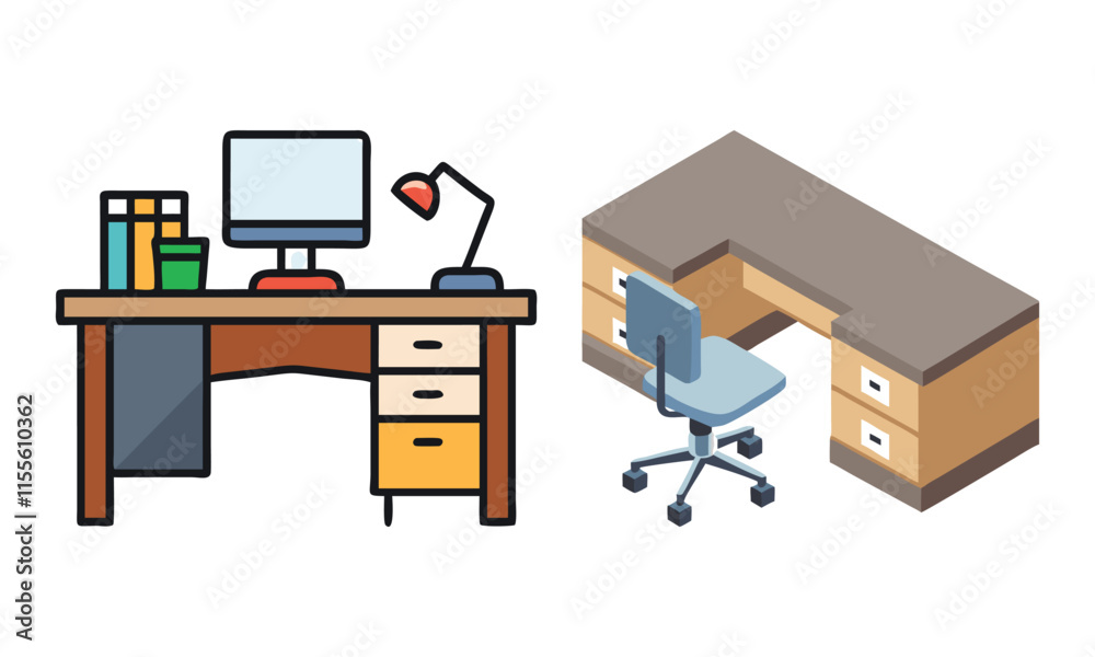 Office Desk and Workspace Vector Icons, A set of two vector icons featuring office desks with chairs, computers, and accessories, ideal for workplace and productivity concepts.
Office Desk and Workspace Vector Icons, A set of two vector icons featuring office desks with chairs, computers, and accessories, ideal for workplace and productivity concepts.