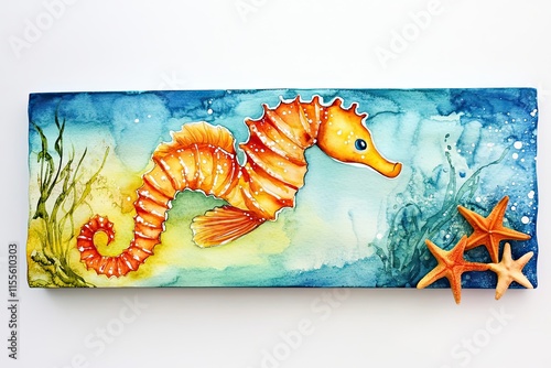 Watercolor Painting of an Orange Seahorse and Starfish photo