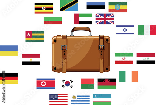 Brown suitcase representing international travel and global tourism with various flags