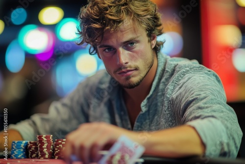 Young man focused on poker game in a vibrant casino setting at night