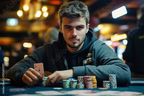 Young man focused on poker game in a vibrant casino setting at night
