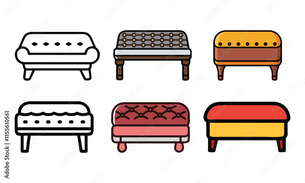 Ottoman and Bench Vector Icon Collection, A set of six ottoman and bench vector icons featuring diverse styles, colors, and designs, perfect for furniture and interior design projects.
Ottoman and Bench Vector Icon Collection, A set of six ottoman and bench vector icons featuring diverse styles, colors, and designs, perfect for furniture and interior design projects.