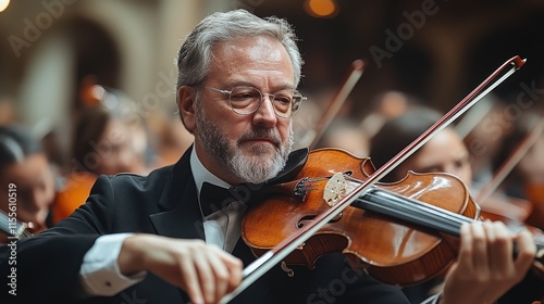Orchestra conductor leading a performance with musicians playing string instr...