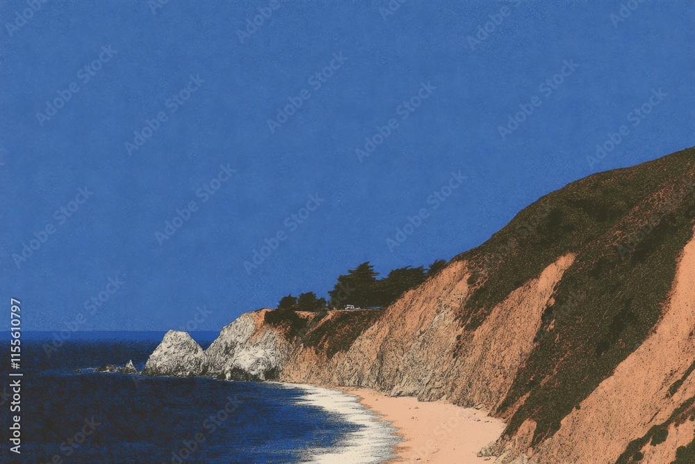 Fototapeta premium A vintage-style travel poster of a scenic highway, with retro fonts, bold colors, and a classic car traveling along the road