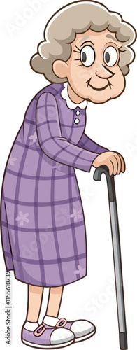 Elderly woman standing with walking cane, maintaining balance and mobility