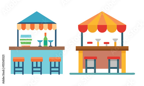 Colorful Outdoor Bar Kiosk Vector Icons, A pair of vibrant outdoor bar kiosk icons featuring stools, awnings, and drink setups, ideal for summer, party, or event designs.
