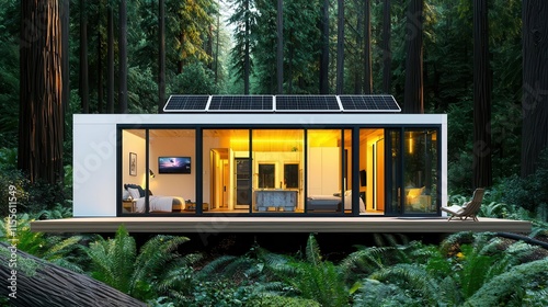 Solar panels on a tiny house in the woods, minimalist living, offgrid sustainability