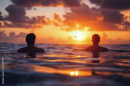 Friends enjoy sunset while swimming in calm ocean waters during warm evening ...