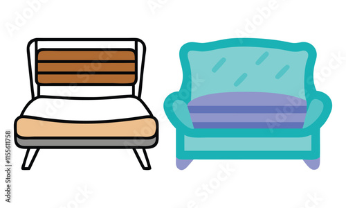 Stylish Lounge Chair and Sofa Vector Icons, A set of two vector icons featuring a wooden lounge chair and a cushioned sofa, perfect for furniture and interior design themes.
