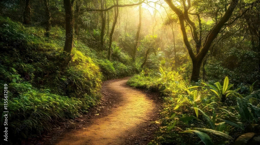Obraz premium Sunlit path winding through a lush, green forest.