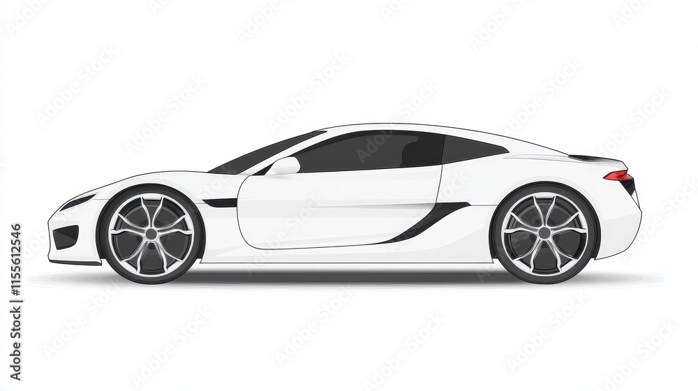 Sleek white sports coupe, side profile view, isolated on white background. Sleek white sports coupe, side profile view, isolated on white background.