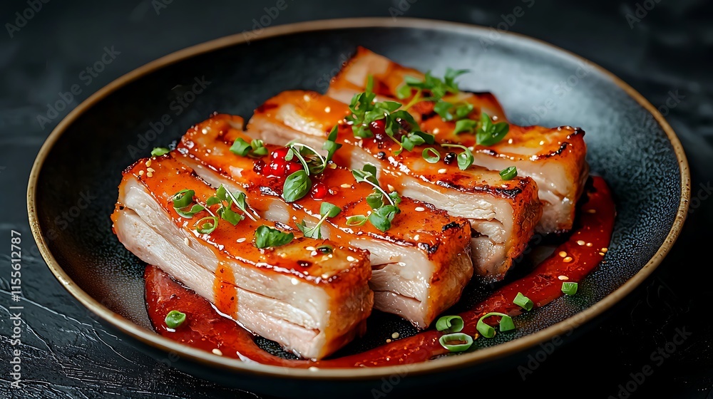Delicious grilled pork belly slices with glaze, herbs, and sesame seeds on a dark plate. Delicious grilled pork belly slices with glaze, herbs, and sesame seeds on a dark plate.