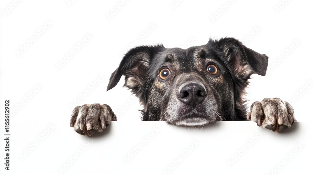 Curious dog peeking over white background. Curious dog peeking over white background.