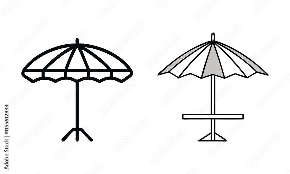 Simple Outdoor Umbrella and Table Icons, A pair of black and white outdoor umbrella and table icons, ideal for patio, beach, or garden-related visuals and designs.
Simple Outdoor Umbrella and Table Icons, A pair of black and white outdoor umbrella and table icons, ideal for patio, beach, or garden-related visuals and designs.